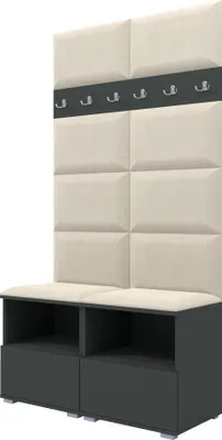 Obrázek produktu pro Šatní sestava Nela III, čalouněná šatní skříň se dvěma botníky, nástěnnými panely a věšáky (barva: grafit + trinity 01 (krémová))