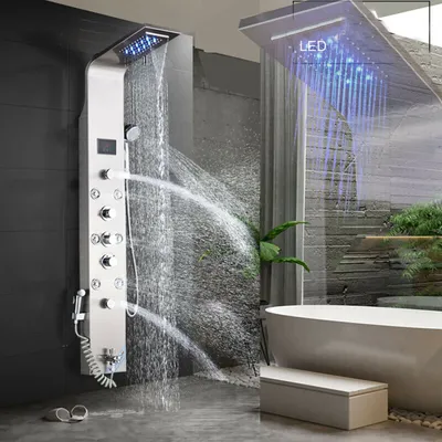 Produktbild von Linuode LED-Licht Duscharmatur Badezimmer SPA Massage Jet Duschsäulensystem Wasserfall Regen Duschpaneel Bidet Sprayer Tap,8009 Gebürstet B