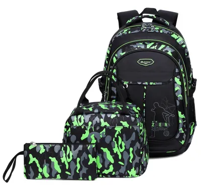 Immagine prodotto di Set da zaino per la scuola, 3 pezzi, per ragazzi adolescenti, motivo camouflage verde, con astuccio e borsa per il pranzo