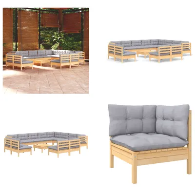 Produktbild von vidaXL 13 tlg. Garten Lounge Set mit Grauen Kissen Massivholz Kiefer - Garten-Lounge-Set - Garten-Lounge-Sets - Gartenmöbel-Set - Gartenmöbel-Sets