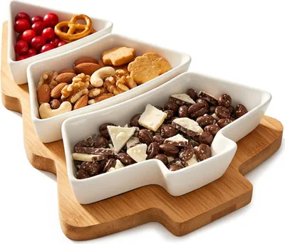 Produktbild von Snackschalen-Set 4-teilig - 3 weiße Porzellanschalen - Bambustablett in Tannenbaumform - Für Dips