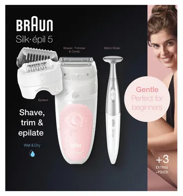 Produktbild von Braun Silk-épil 5 81706349, Weiß, Pink, 28 Pinzette, Achsel, Bikini, Vorderer Oberschenkel, Innere Oberarme, Rasieren, LED, 0,5 mm