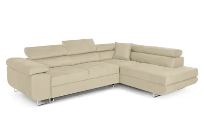 Zdjęcie produktu dla Narożnik z funkcją spania PASTI w kształcie litery L, sofa rozkładana z pojemnikiem na pościel, narożnik, sofa rozkładana, kanapa z funkcją spania beżowa otomana prawa