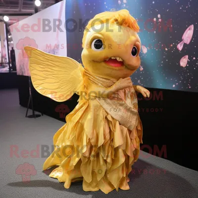 Produktbild von Goldene REDBROKOLY Betta-Fisch Maskottchen kostümfigur bekleidet mit einem A-Linien-Kleid und Schalnadeln