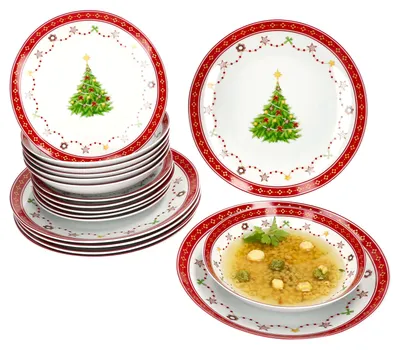 Zdjęcie produktu dla 18-częściowy zestaw talerzy Świąteczne marzenie 6 osób Talerz porcelanowy mały, duży i głęboki
