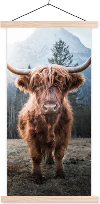 Produktbild von MuchoWow® Textilposter Schottisches Hochlandrind - Berg - Tier 60x120 cm mit holzfarbenen Rahmen - Holz
