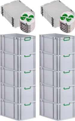 Produktbild von SparSet 10x Eurobox NextGen Color mit Auflagedeckel und Schiebeschnappverschlüsse | HxBxT 32x40x60cm | 65 Liter | Grau | Griffe grün geschlossen | Verstärkter Boden | Eurobehälter, Transportbox, Transportbehälter, Stapelbehälter