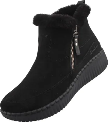 A black Skechers boot is shown against a white background.