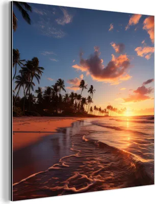 Produktbild von MuchoWow Wanddekoration Metall Metallbild Wandkunst 20x20 cm Sonnenuntergang - Meer - Horizont - Strand - Palmen MuchoWow Aluminium Gemälde - Alu Dibond Bilder