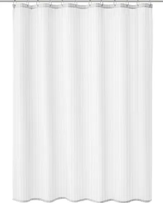 A white shower curtain with vertical stripes hanging from a shower rod.
