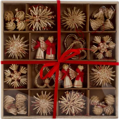 Produktbild von 48-teilig Stroh Box Weihnachtsanhänger Sterne Engel Herz