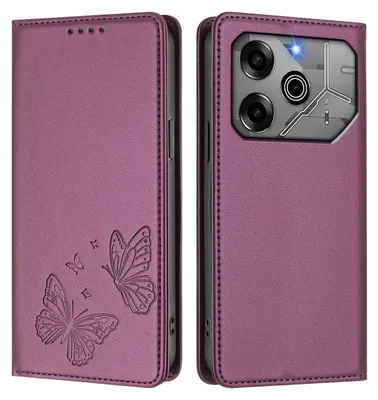 Produktbild von Lederhülle für Tecno Pova 6 Pro 5G, Schmetterling Prägung Leder Brieftasche Schutzhülle mit Ständer Lila