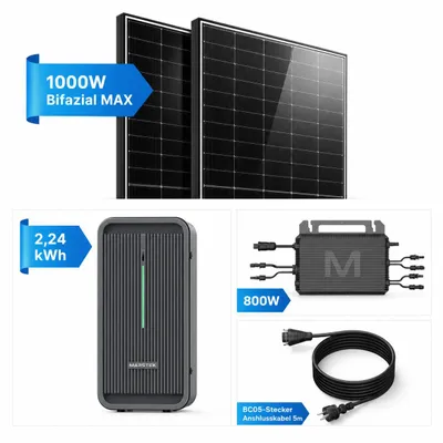 Produktbild von Balkonkraftwerk 1000W mit 2,24kWh Speicher, Marstek B2500-D, 2x500Wp bifaziale Solarmodule, 800W Mikrowechselrichter, 5m Anschlusskabel, Komplettset