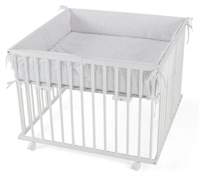 Produktbild von WALDIN Baby Laufgitter Laufstall ca.100 x 100 cm Buche massiv höhen-verstellbar,grau/Punkte,Weiß lackiert