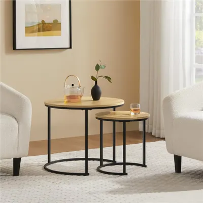 Produktbild von Yaheetech Couchtisch 2er Set, runder Beistelltisch Set, Sofatisch mit Metallgestell, Satztische für Wohnzimmer Schlafzimmer, Eiche