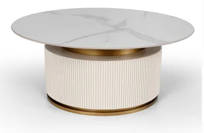 Productafbeelding van Salontafel modern, wit en goud, elegant, rond, met marmerlook, bijzettafel, design