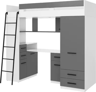 Produktbild von Hochbett SMYK L Etagenbett Schlafzimmer-Sets Schreibtisch Kleiderschrank Regal Weiß Graphit