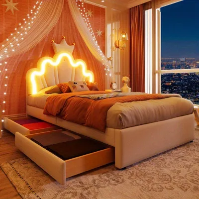 Produktbild von Kinderbett – Jugendbett – Prinzessinnenbett, 90 x 200 cm – Mit Stauraum, LED-Beleuchtung und Kunstleder (PU)