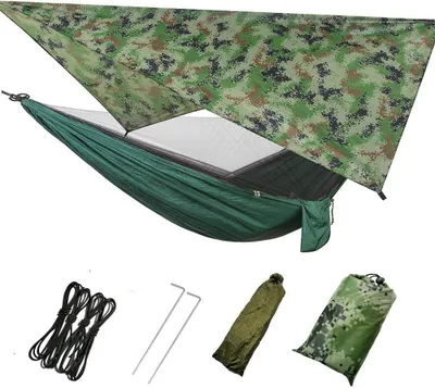 Produktbild von 3 in1 Camping Hängematte mit Zipper Moskitonetz und Zeltplane,300kg Last Armee-Grün Tarnung Hängematte für Outdoor Wandern