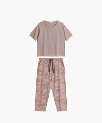 Produktbild von Atlantic Damen Pyjama Baumwolle | Shirt glatt + 3/4-Hose mit Blumenmuster | Kurzarm | Frühling-Sommer | Homewear | NLP-488