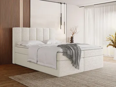 Produktbild von Boxspringbett 180x200 mit Bettkasten – Gepolstert Doppelbett mit 7-Zonen Taschenfederkern-Matratze, 5 cm Komfortschaum-Topper Inklusive – Stauraumbett mit hohem Kopfteil, Boucle Stoff – Weiß