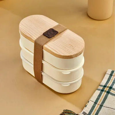Image de +Boîte à bento avec couvercle naturel – Contenant à 3 compartiments étanche pour snacks et noix (1000 ml)