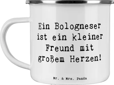 Produktbild von Mr. & Mrs. Panda Emaille Tasse Spruch Bologneser Herzfreund - Weiß - Geschenk, metallbecher, Hunderassen, Kaffeepott, Teetasse, Hunderasse, Freundschaft, Hundeliebhaber