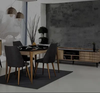 Produktbild von Esszimmer Gruppe Designer Brauner Esstisch 4x Schwarze Polsterstühle