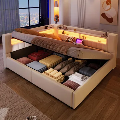 Produktbild von Flieks Hydraulisches Polsterbett 140x200cm mit Led, Tagesbett Schlafsofa mit Ladeanschlüssen, Daybed Stauraumbett Doppelbett mit Ablagen, Leinen Beige