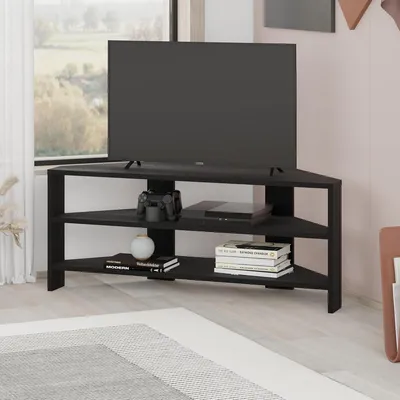 Image de Meuble TV d'angle - Avec 2 étagères - Bois noir - Jusqu'à 32 pouces