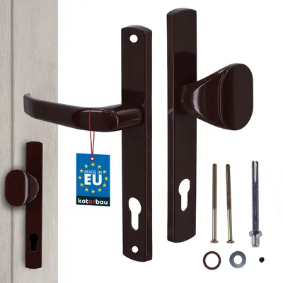 A set of door handles and knobs with mounting hardware, presented on a light gray and white background.