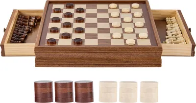 A wooden chess and checkers set with pieces stored in drawers, displayed on a white background. Additional checkers are shown in the foreground.