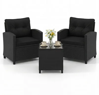 Produktbild von COSTWAY 3-tlg. Gartenmöbel Set Polyrattan, Balkonmöbel mit Kissen, 2 Stühlen & Tisch, Balkonset, Terrassenmöbel, Gartengarnitur, Sitzgruppe Schwarz