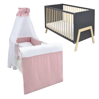 Produktbild von Babybett Kinderbett Gitterbett Juna 60x120 Anthrazit Schutzgitter Matratze Bettwäsche Set 10tlg Waffelpique Musselin Rosa