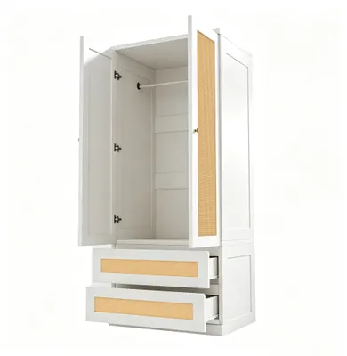 Produktbild von Kleiderschrank mit Doppeltüren 70 x 55 x 170 cm, weißer Kleiderschrank mit Schubladen und Kunstrattan-Türen
