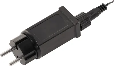A black electrical plug with a wire extending from it.