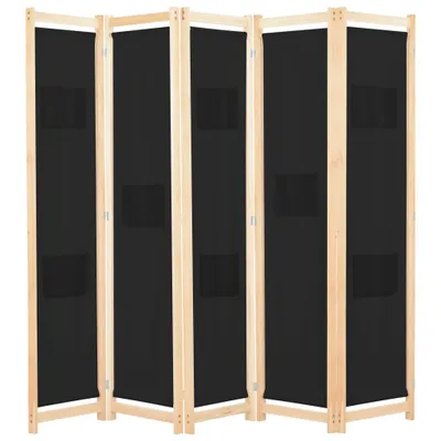 A five-panel room divider with black fabric panels and a light wood frame, shown against a white background.