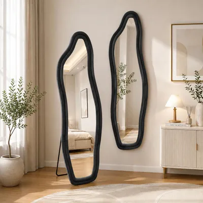 Image de Miroir mural corporel INONEFT, dimensions 140 x 45 cm. Miroir de pied asymétrique, à suspendre ou à fixer au mur, avec cadre en velours, idéal pour chambre à coucher ou couloir, couleur noire, Image générée par une IA