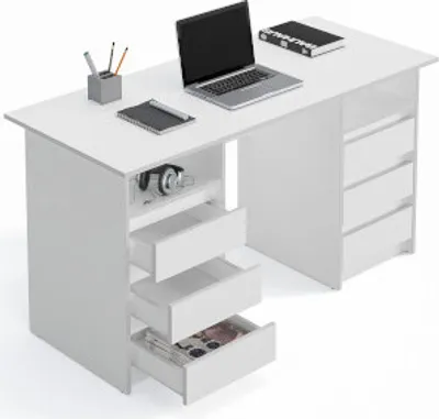 Produktbild von Komto Schreibtisch Oslo, 140x60x74cm, Weiß, mit grifflosen Schubladen, Modern, Holzspanplatten, schnelle Montage.