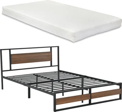 Produktbild von Łóżko metalowe z materacem 140x200cm łóżko dla gości z materacem z zimnej pianki łóżko podwójne łóżko stalowe czarny orzech [en.casa]