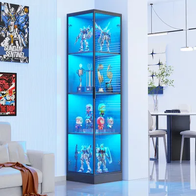 Produktbild von BROTTAR Eckschrank mit LED-Beleuchtung & Bewegungssensor, 4 Ebenen zur Präsentation, staubdichte Plexiglas-Türen, MDF-Holz Konstruktion, 3 L