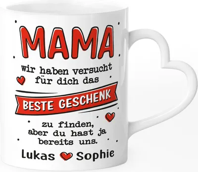 Produktbild von Kaffee-Tasse Herzhenkel Mama Wir haben versucht das beste Geschenk für dich zu finden personalisiert Namen Kinder Muttertag lustig SpecialMe® Uns personalsiert weiss-rot-herz Herz-Tasse