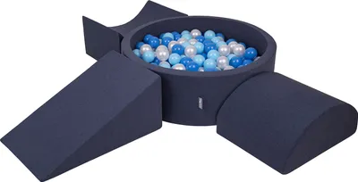 Produktbild von KiddyMoon spielplatz aus schaumstoff mit rund bällebad (200 bälle) ballgruben für babys spielbad hindernisläufen, hergestellt in der eu, dunkelblau:babyblue/blau/perle