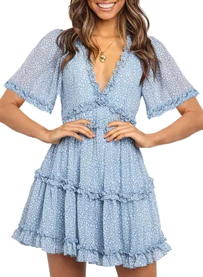 Image de ASKSA Femme Mousseline Robe dos nu Elegant Col V A-Line Flora Mini-robe de plage Robe fleurie, Bleu, S