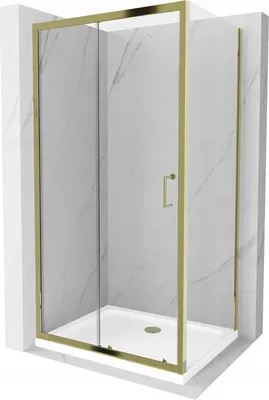 Produktbild von Mexen Apia kabina prysznicowa rozsuwana 90 x 70 cm, transparent, złota + brodzik Flat, biały- 840-090-070-50-00-4010G