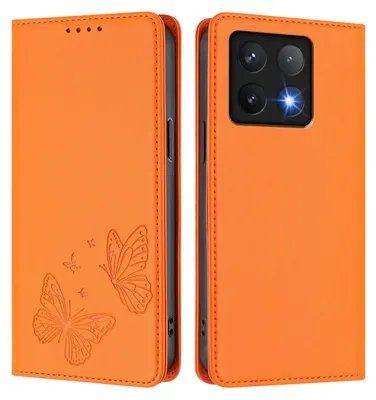 Obrázek produktu pro Kožené pouzdro pro Xiaomi 14T, motýlí ražbou, peněženkové flip pouzdro se stojánkem Oranžová