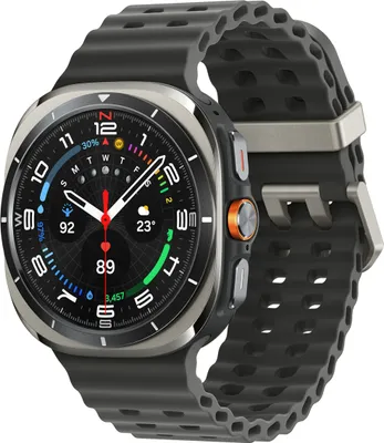 A smartwatch with a black band and a silver casing is shown against a white background.