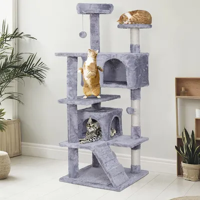 Produktbild von NYVI Katzen Kratzbaum Luzifer 134 cm groß grau - Deluxe Katzenbaum mit 2 Katzenhöhlen, 2 Plattformen, Katzenspielzeug und Sisal Kratz Säule - Stabiles und Robustes Katzenhaus
