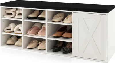 Zdjęcie produktu dla Ławka na buty COSTWAY z regulowanymi półkami, tapicerowaną poduszką i 9 przegrodami, 3-poziomowa szafka na buty, ławka do przechowywania, biała