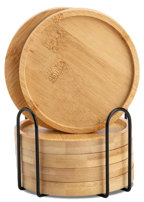 Produktbild von Bambus Untersetzer - Rundes 6er Set mit Halter - Für Gläser, Tassen und Getränke - Ø 10 cm